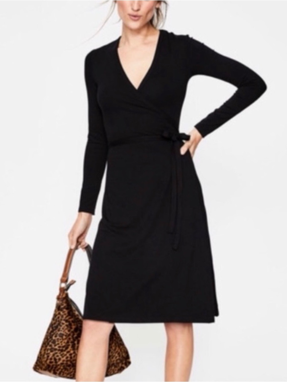 BODEN Elodie Jersey Stretch Wrap Dress Long Sleeve Black UK 8R / US 4R